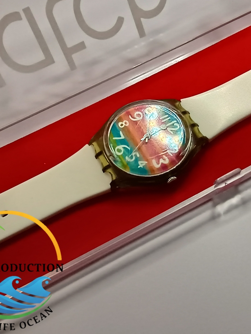 Swatch White-Strap Watch with Rainbow Dial